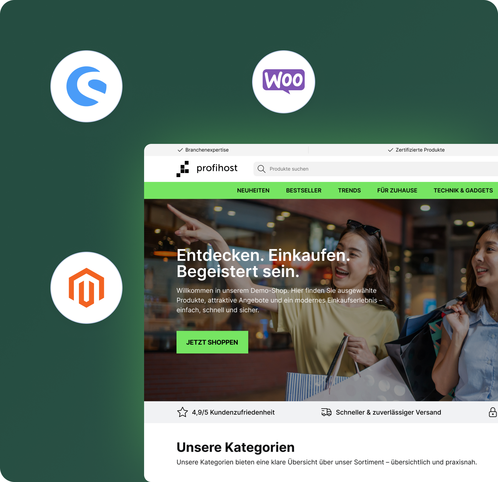 Screenshot einer Einkaufs-Website mit grünem Header, zwei Frauen mit Einkaufstüten und Button 'JETZT SHOPPEN'.