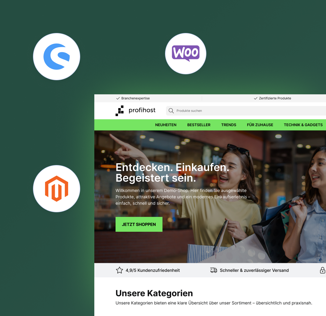 Screenshot einer Einkaufs-Website mit grünem Header, zwei Frauen mit Einkaufstüten und Button 'JETZT SHOPPEN'.