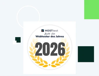 Weiße Quadratfläche mit zentralem Logo und der Zahl 2026, umrahmt von Lorbeerblättern; hellblauer Hintergrund mit grünen und dunklen Quadraten.