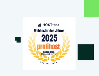 Zentrales Siegel mit goldener Lorbeerkrone, orange '2025' und Text 'HOSTtest Webhoster des Jahres' sowie 'profihost'.