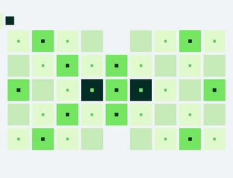 Viele hellgrüne Quadrate in einem rechteckigen Raster auf hellblauem Hintergrund; einige dunkle Quadrate mit kleinem Innenquadrat.