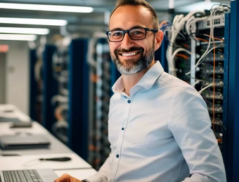 Mann mit Brille und Bart, hellblaues Hemd, lächelt; steht vor Serverregalen im Serverraum, Laptop auf dem Tisch.