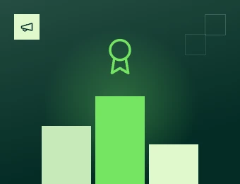 Grünes Balkendiagramm mit drei Balken unterschiedlicher Höhe; über dem höchsten Balken ein Ribbon-Symbol; links oben ein kleines Quadrat-Icon.