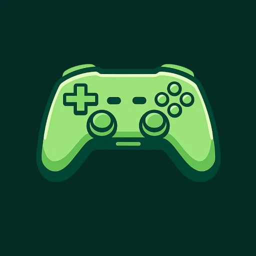 Grüner Spielcontroller mit D-Pad links, zwei Analogsticks und vier Aktionsknöpfen rechts auf dunkelgrünem Hintergrund.