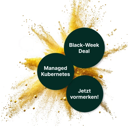 Drei dunkelgrüne Kreise mit weißem Text über goldene Spritzfläche auf weißem Hintergrund.