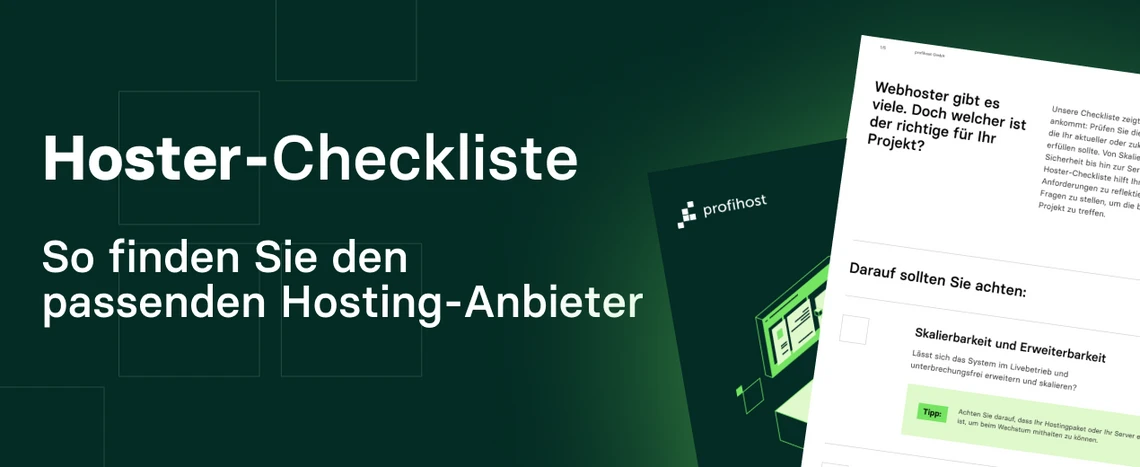 Grünes Banner mit weißem Titel 'Hoster-Checkliste' und Untertitel; rechts ein Ausschnitt eines Dokuments.