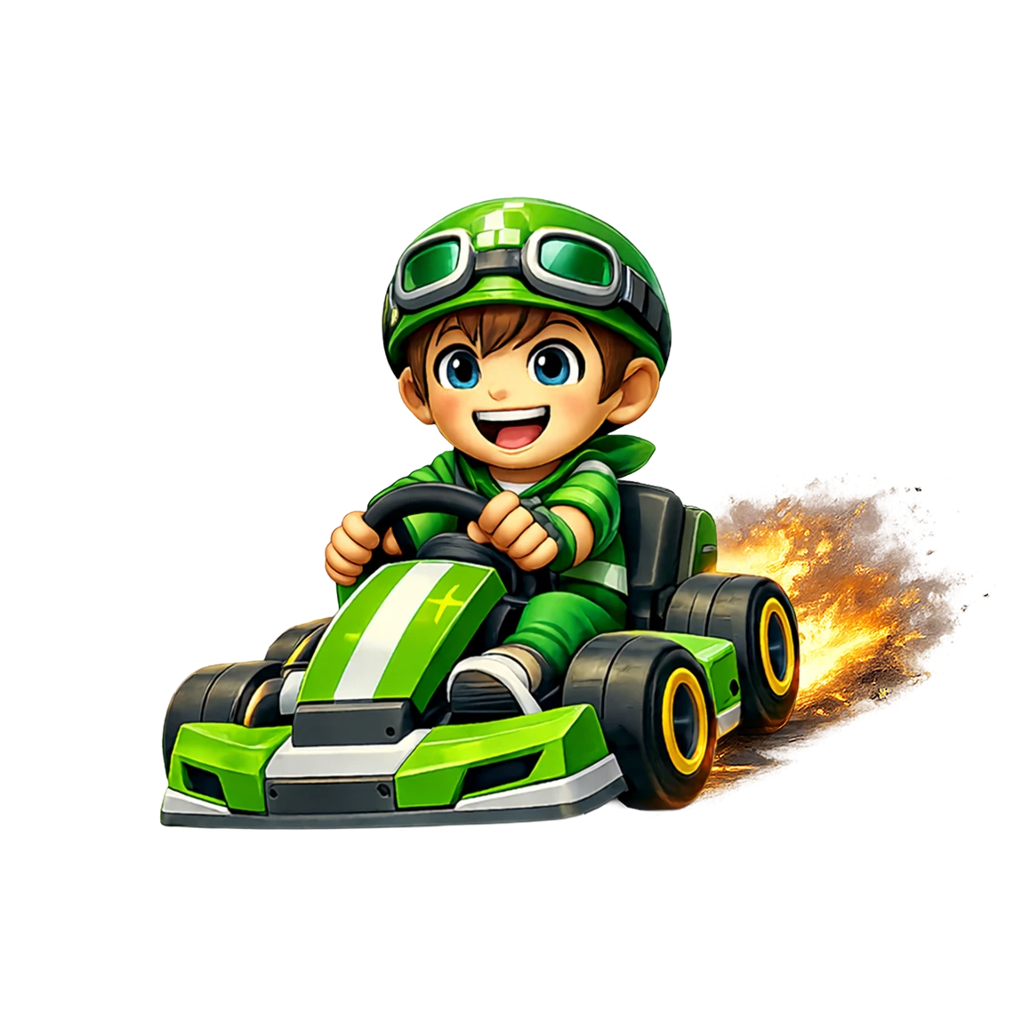 Cartoon-Junge in grünem Rennanzug fährt grünes Go-Kart; Helm auf, Flammen hinter dem Wagen.