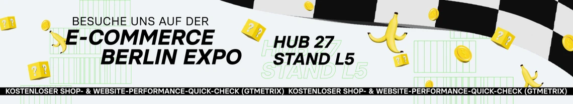 Banner mit Werbung für die E-Commerce Berlin Expo: Hub 27 Stand L5; Schachbrettmuster, Goldmünzen.