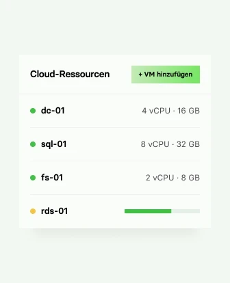 Kachel Cloud-Ressourcen mit Button + VM hinzufügen; Liste: dc-01, sql-01, fs-01, rds-01 (Balken).