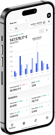 Smartphone zeigt Dashboard-App mit blauen Balkendiagrammen, Kennzahlen und einer unteren Navigationsleiste.