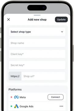 Smartphone-Bildschirm zeigt Formular 'Add new shop' mit Feldern: Shop-Typ, Name, Keys, URL; Plattformen Meta, Google Ads.