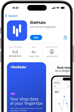 Smartphone-Display mit App Store-Eintrag von StatHubs: blaues Icon, Get-Button, Bewertung 5,0, Alter 4+, Screenshots unten.
