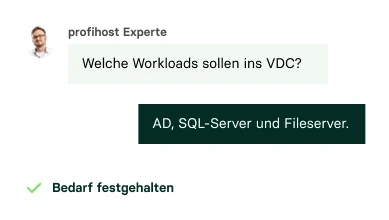 Profilbild eines Mannes links; hellgrüne Karte mit 'Welche Workloads ins VDC?'; dunkle Leiste mit 'AD, SQL-Server und Fileserver'; grünes Häkchen, Bedarf festgehalten.