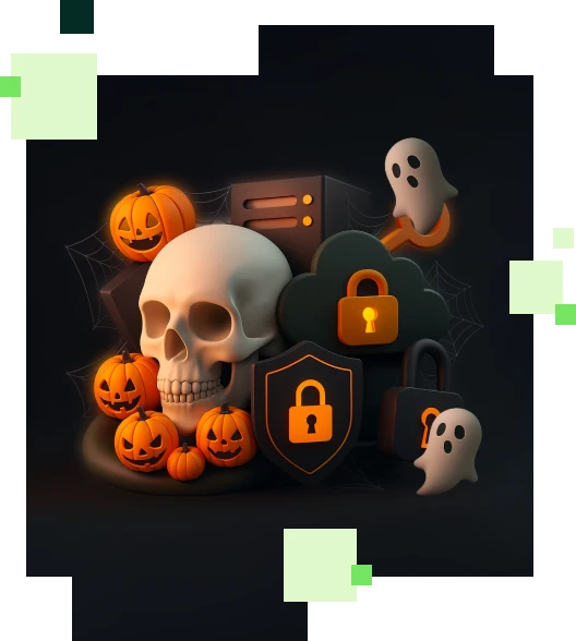 Halloween-Deko: Schädel, Kürbisse, Geister, Schilde mit Schlössern und Spinnweben vor dunklem Hintergrund.