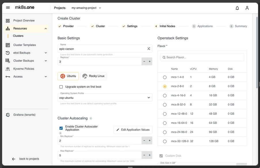 Screenshots einer Weboberfläche zur Cluster-Erstellung: linke Navigation, Wizard-Schritte, rechts Flavor-Liste.