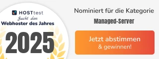 Linkes Abzeichen mit der Zahl 2025 und Laurelblättern; daneben Text 'Managed-Server' und ein orangefarbener Button.