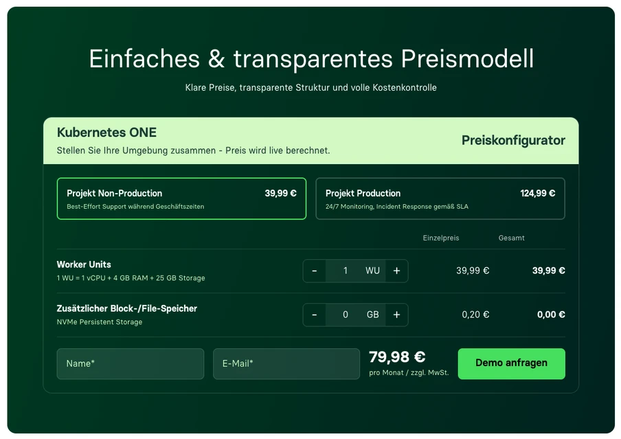 Grüner Preis-Konfigurator mit Titel 'Einfaches & transparentes Preismodell' und zwei Preiszeilen (39,99 €, 124,99 €).