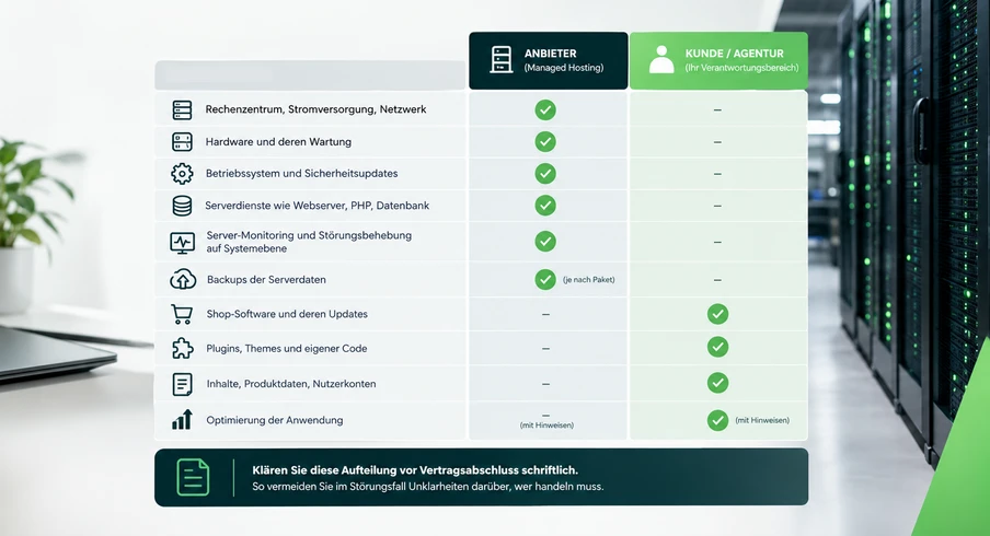 Infografik im Rechenzentrum: links Liste mit Symbolen und grünen Häkchen, rechts Serverrack im hellen Umfeld.