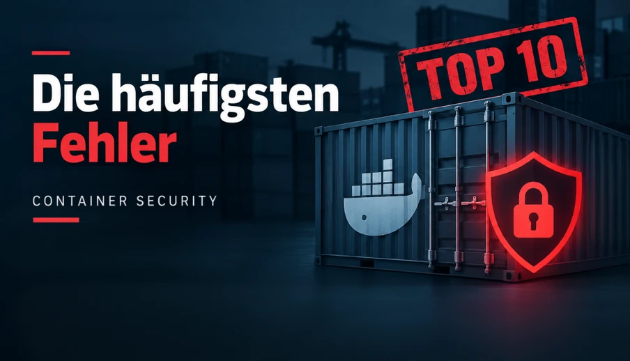 Dunkler Hintergrund, Container mit Schild- und Schloss-Icon; roter TOP 10-Stempel; Text 'Die häufigsten Fehler' in Weiß und Rot.