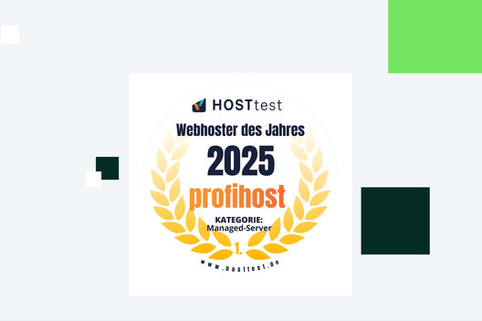 Zentrales Siegel mit goldener Lorbeerkrone, orange '2025' und Text 'HOSTtest Webhoster des Jahres' sowie 'profihost'.