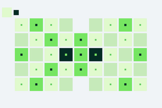 Viele hellgrüne Quadrate in einem rechteckigen Raster auf hellblauem Hintergrund; einige dunkle Quadrate mit kleinem Innenquadrat.